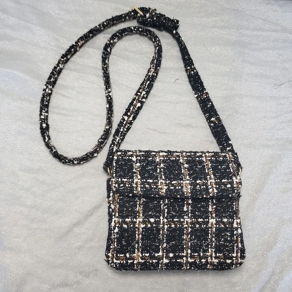 Black White Tan Plaid Tweed Crossbody Flap‎ Shoulder Purse Chic Old Money Woven